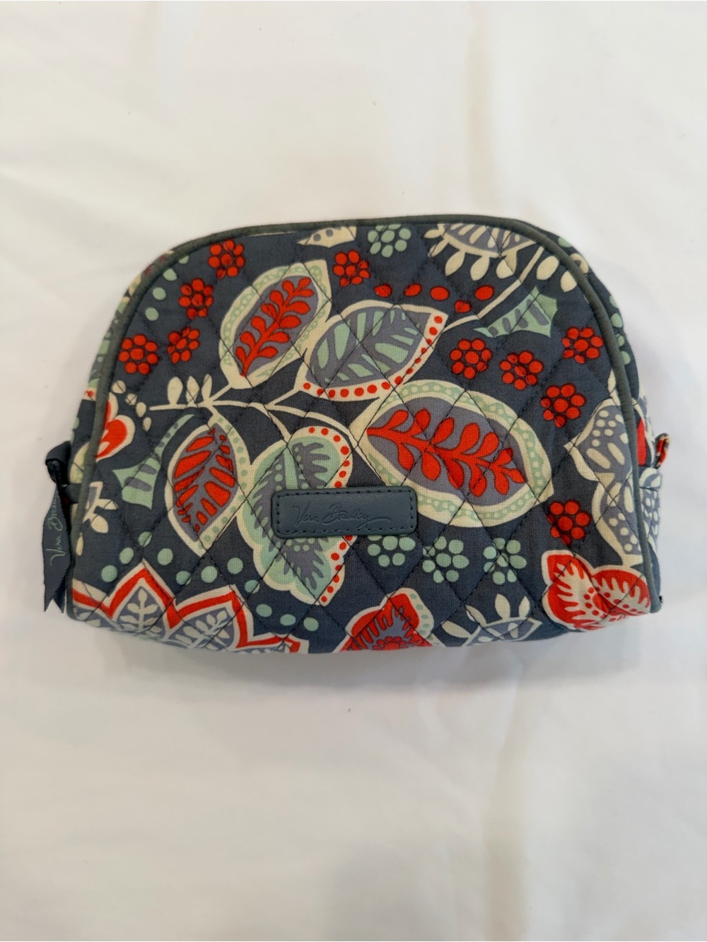 Vera Bradley Gray Cosmetic Pouch with Red and Mint Leaf Print